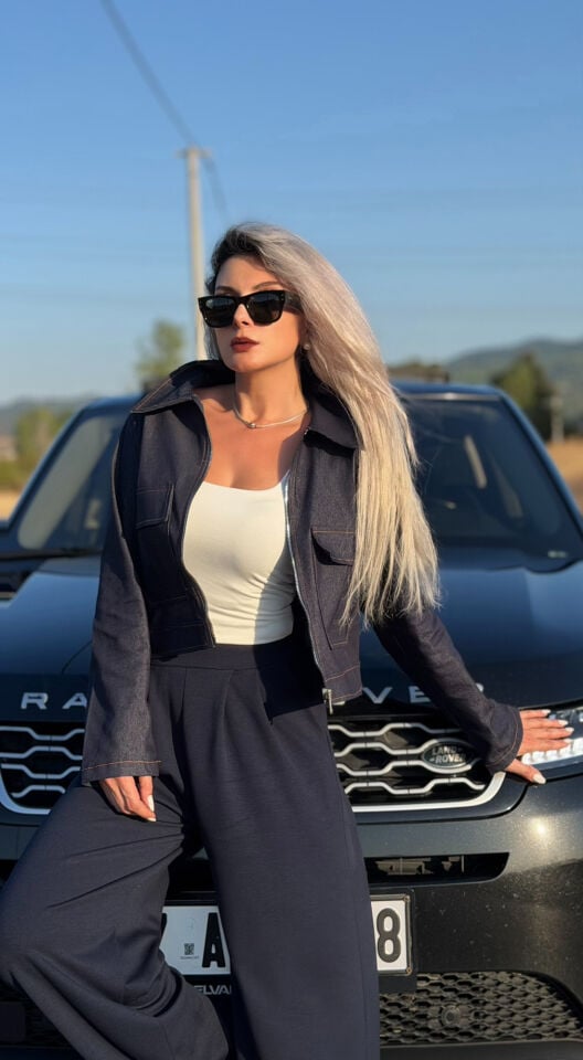 Koyu Lacivert Oversize Çift Cepli Likralı Kot Ceket