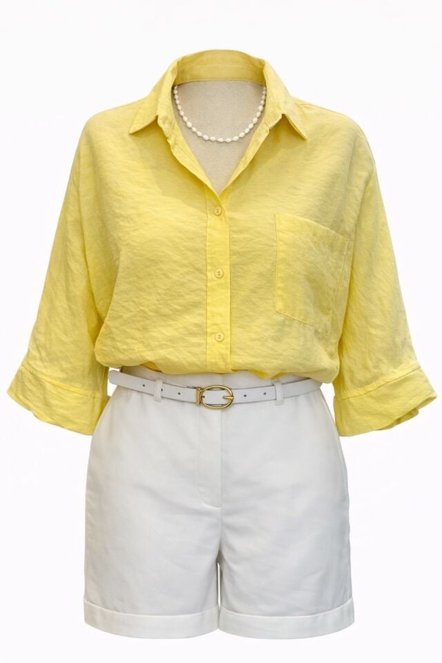Sarı Pamuk Vizkon Yarım Kol Gömlek Bluz
