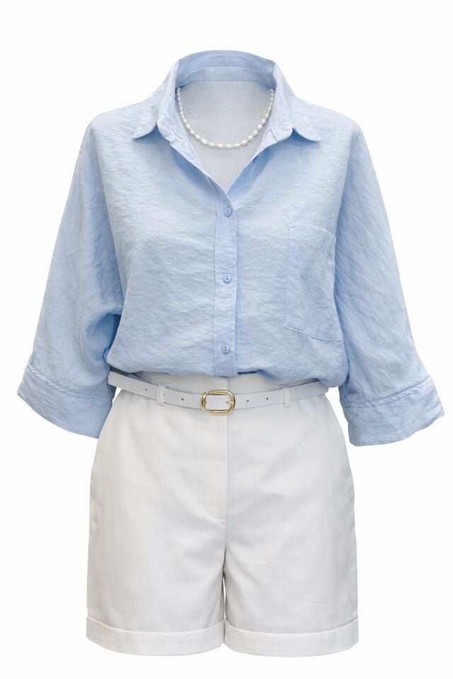 Mavi Pamuk Vizkon Yarım Kol Gömlek Bluz