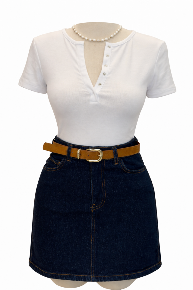 Beyaz Çıtçıtlı Kısa Kollu Tshirt