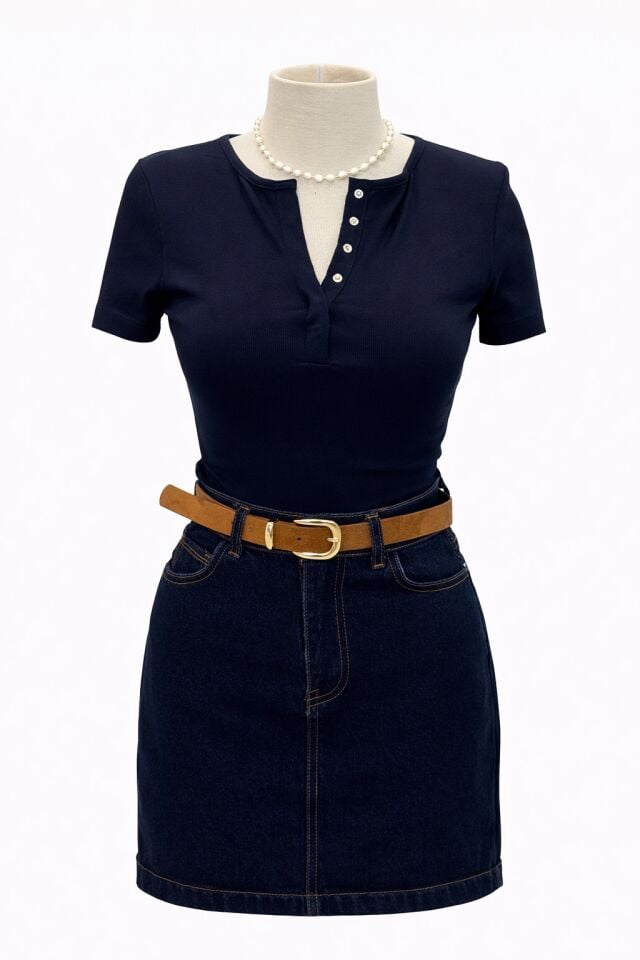 Lacivert Çıtçıt Kısa Kollu Tshirt