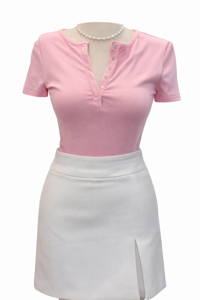 Pembe Çıtçıtlı Kısa Kollu Tshirt