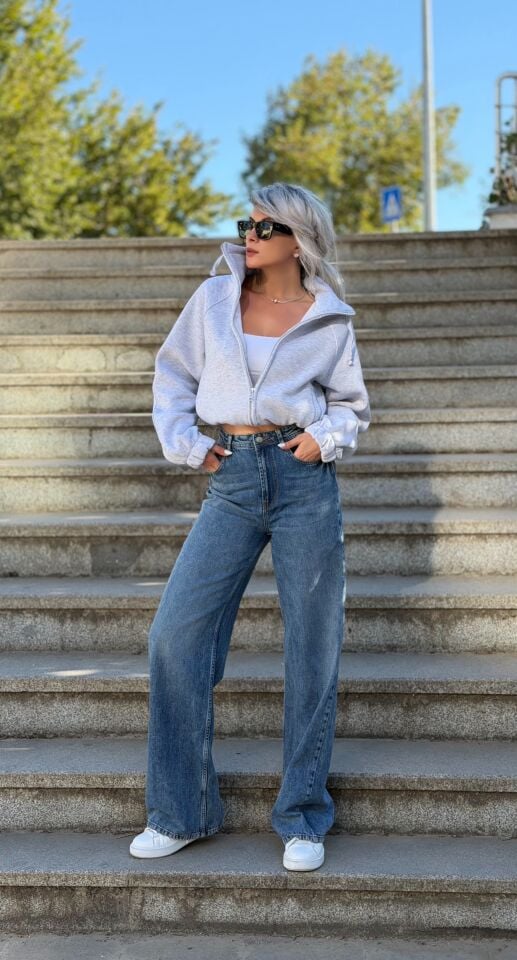 Gri Luna Crop Dik Yaka Ceket