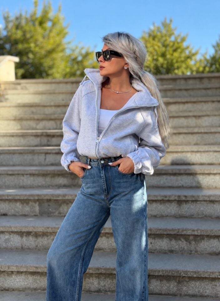 Gri Luna Crop Dik Yaka Ceket