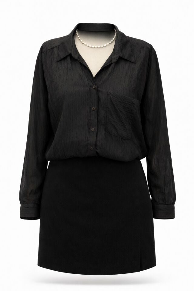 Siyah İnce Çizgili Hafif Transparan Uzun Salaş Gömlek