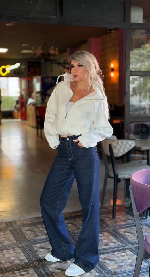 Beyaz Luna Crop Dik Yaka Ceket