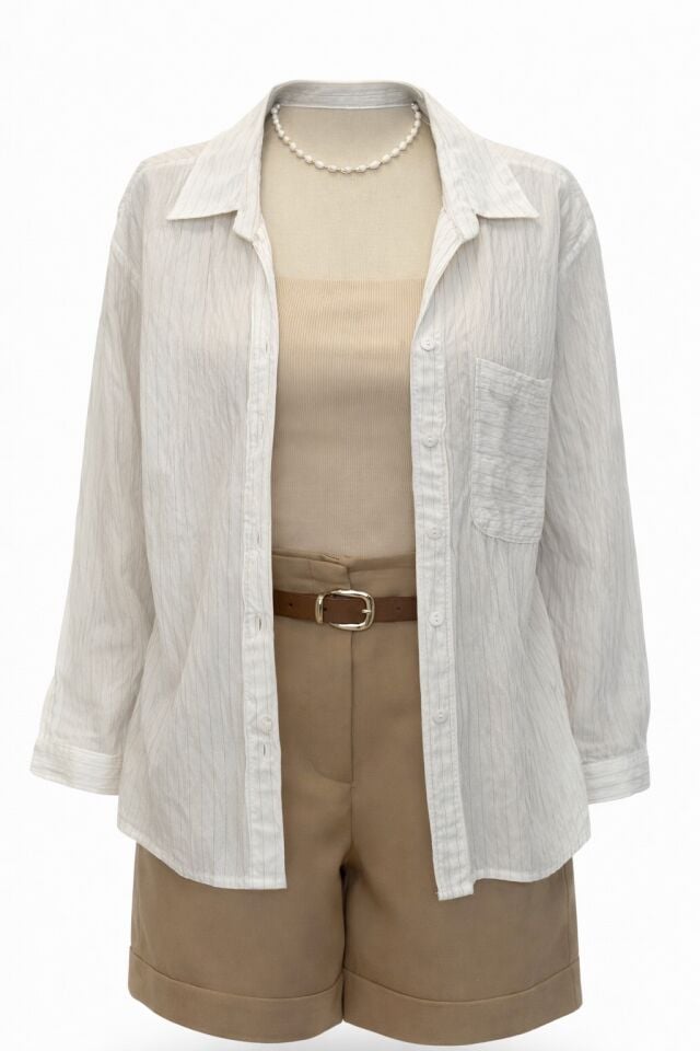 Ekru Kahve İnce Çizgili Hafif Transparan Uzun Salaş Gömlek