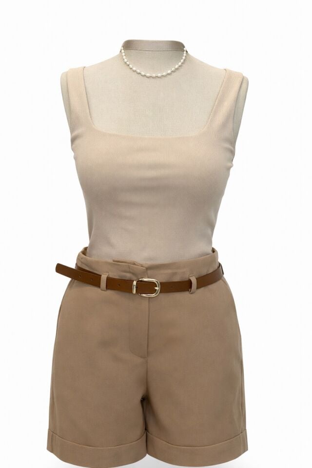 Bej Çift Kat Fitilli Atlet Bluz