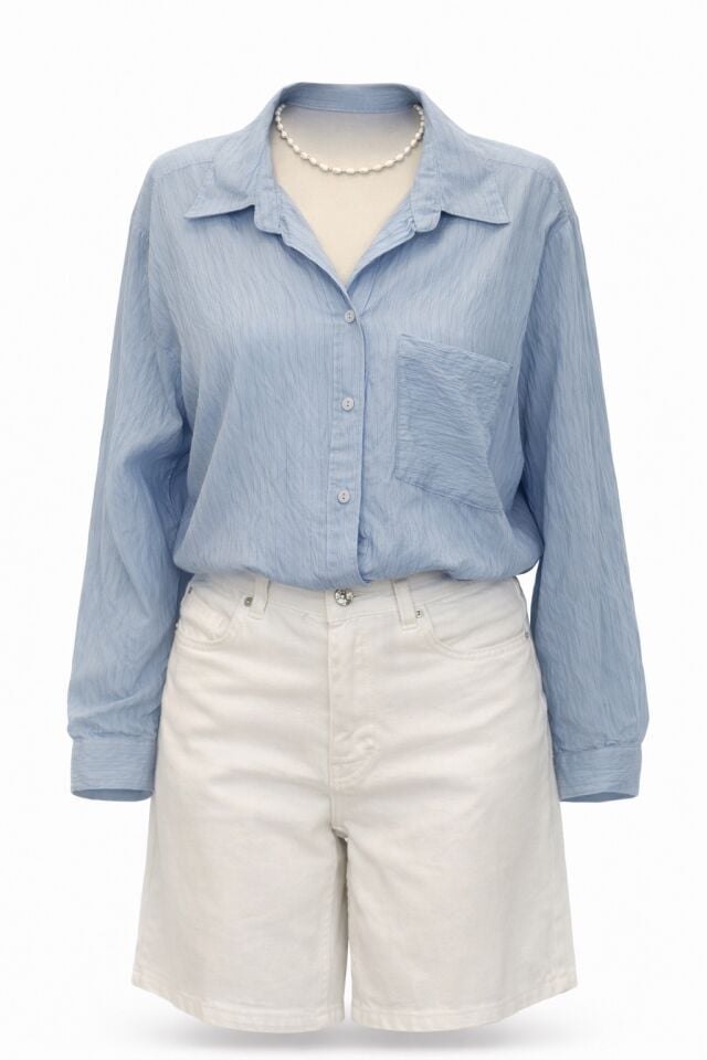 Mavi İnce Çizgili Hafif Transparan Uzun Salaş Gömlek