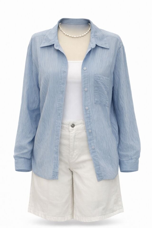 Mavi İnce Çizgili Hafif Transparan Uzun Salaş Gömlek