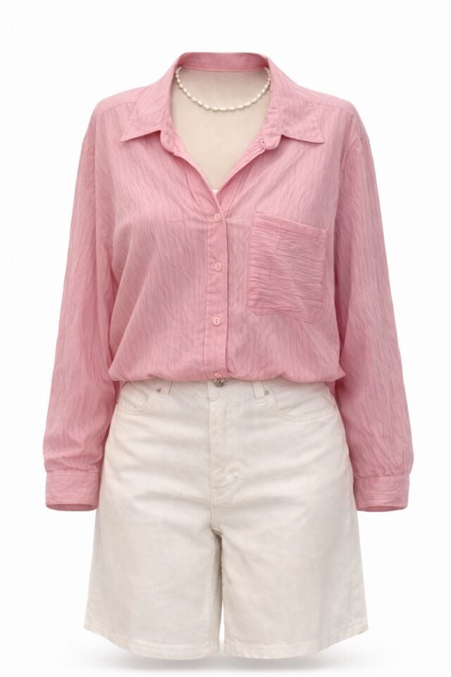 Pembe İnce Çizgili Hafif Transparan Uzun Salaş Gömlek