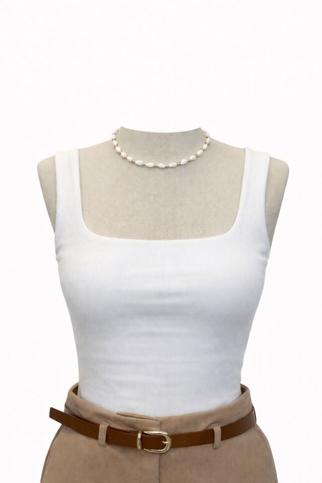 Beyaz Çift Kat Fitilli Atlet Bluz