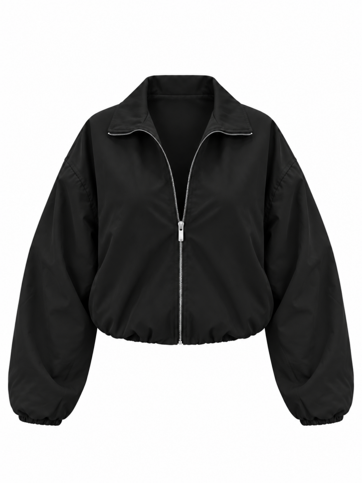 Siyah Su Geçirmez Kumaş Bomber Ceket