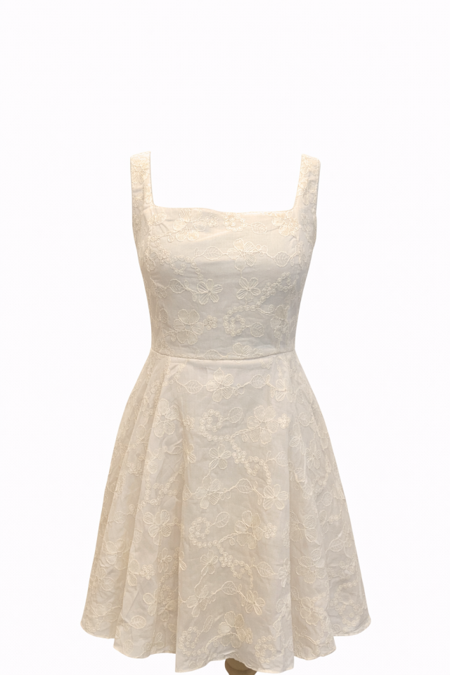 Bej Güpür Çiçek Detay Askılı Balon Mini Elbise