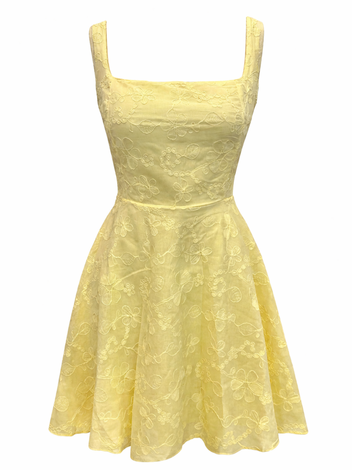 Sarı Güpür Çiçek Detay Askılı Balon Mini Elbise