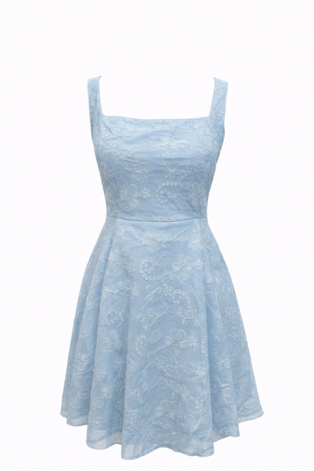 Mavi Güpür Çiçek Detay Askılı Balon Mini Elbise