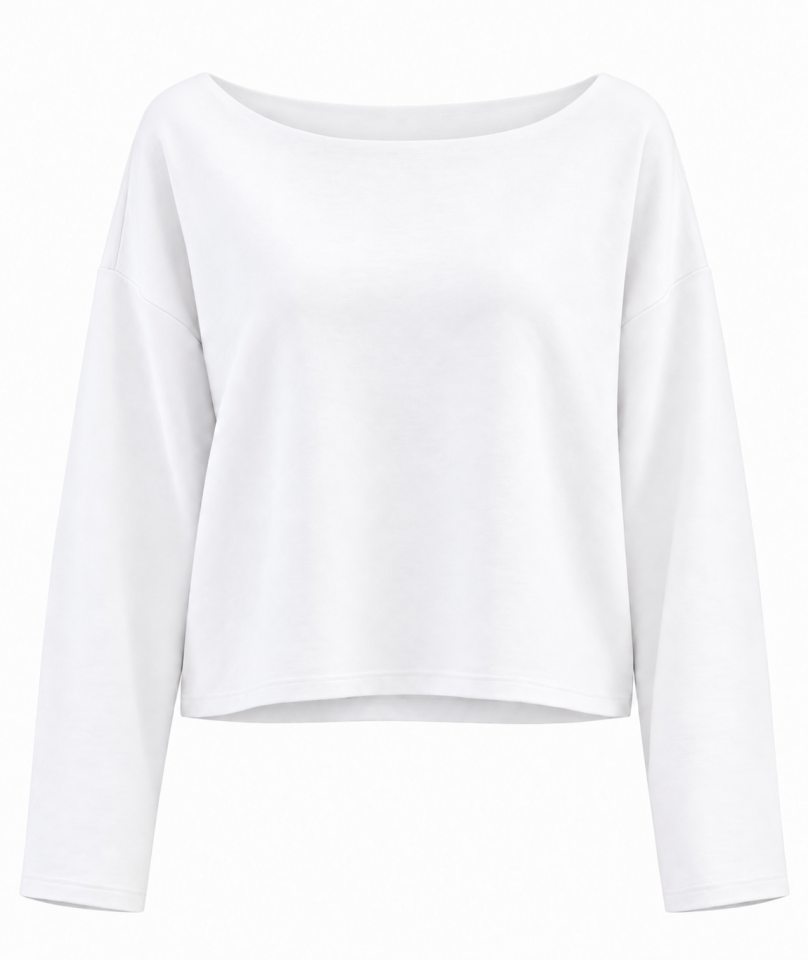 Beyaz Kesik Yaka Modal Kumaş Sweatshirt