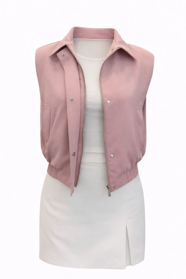 Pudra Pembe Vatkalı Krep Kumaş Bomber Yelek