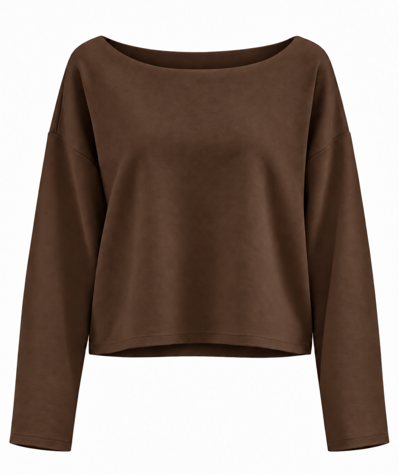 Kahve Kesik Yaka Modal Kumaş Sweatshirt