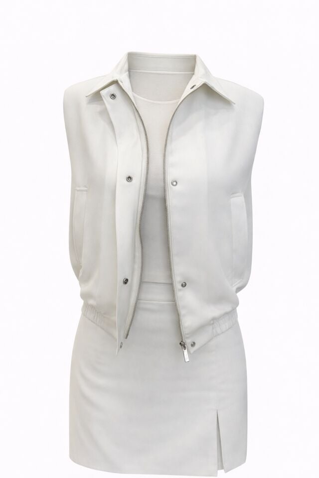 Beyaz Vatkalı Krep Kumaş Bomber Yelek