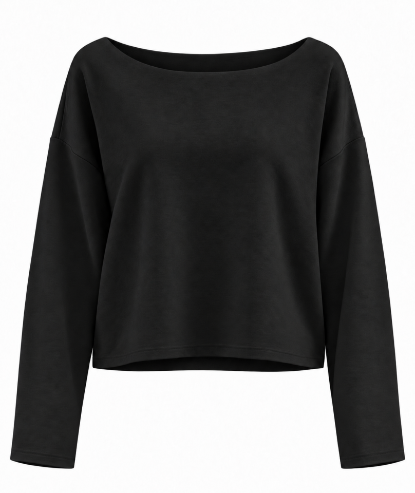 Siyah Kesik Yaka Modal Kumaş Sweatshirt