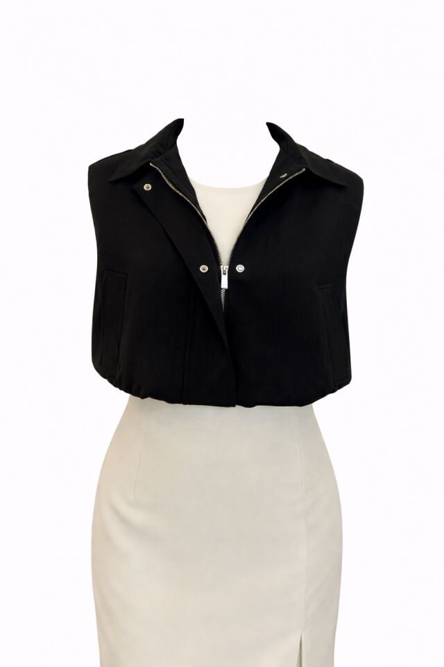 Siyah Vatkalı Krep Kumaş Bomber Yelek