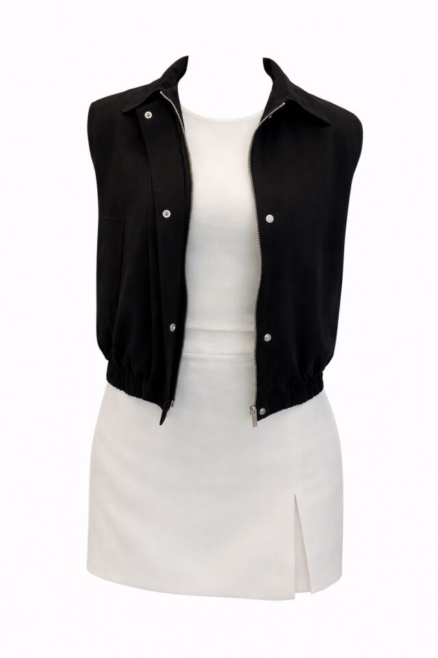 Siyah Vatkalı Krep Kumaş Bomber Yelek