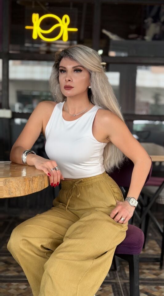 Hardal Yüksek Bel Keten Relax Pantolon