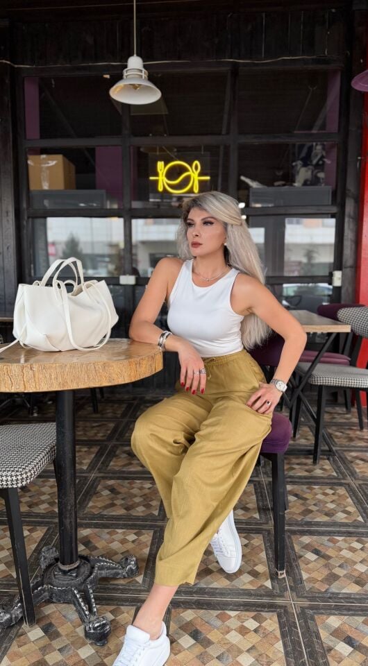 Hardal Yüksek Bel Keten Relax Pantolon