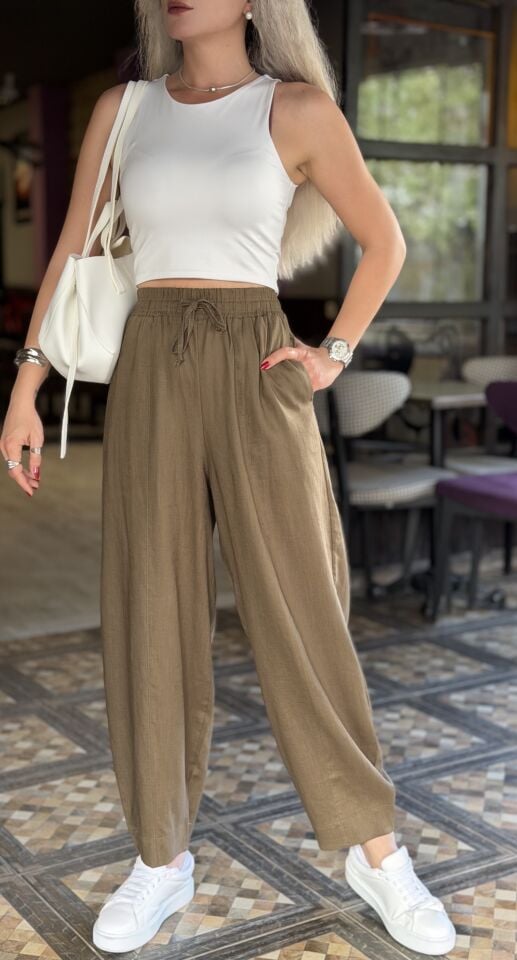 Haki Yüksek Bel Keten Relax Pantolon