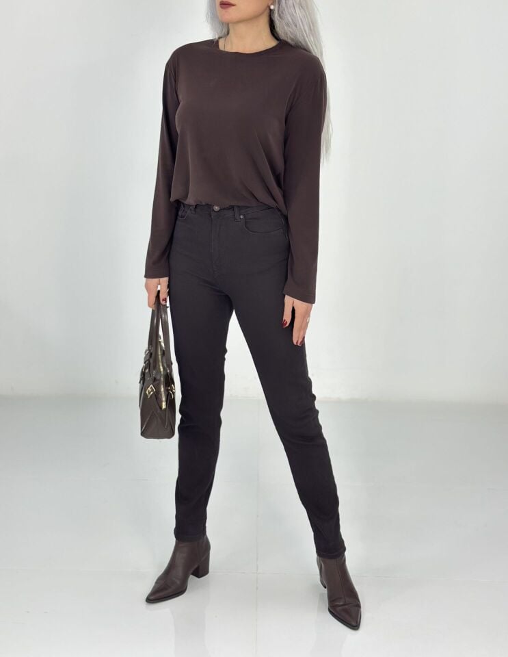 Koyu Kahve Push Up Yüksek Bel Jean