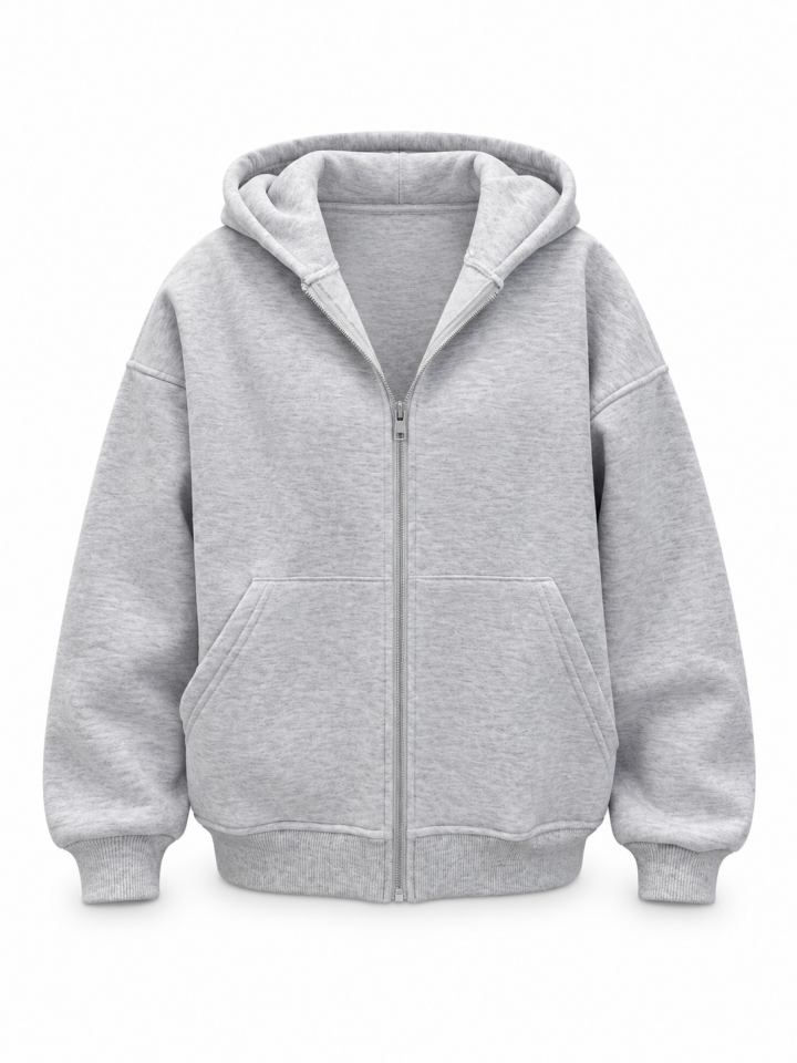 Gri Fermuarlı Kapüşonlu Sweatshirt
