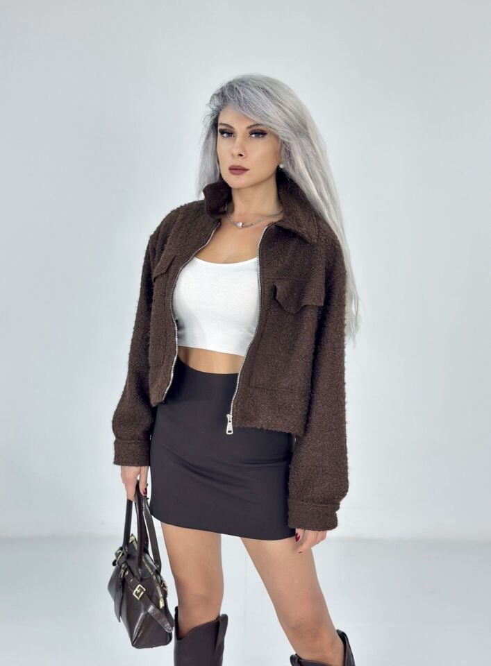 Kahve Teddy Kumaş Kısa Ceket