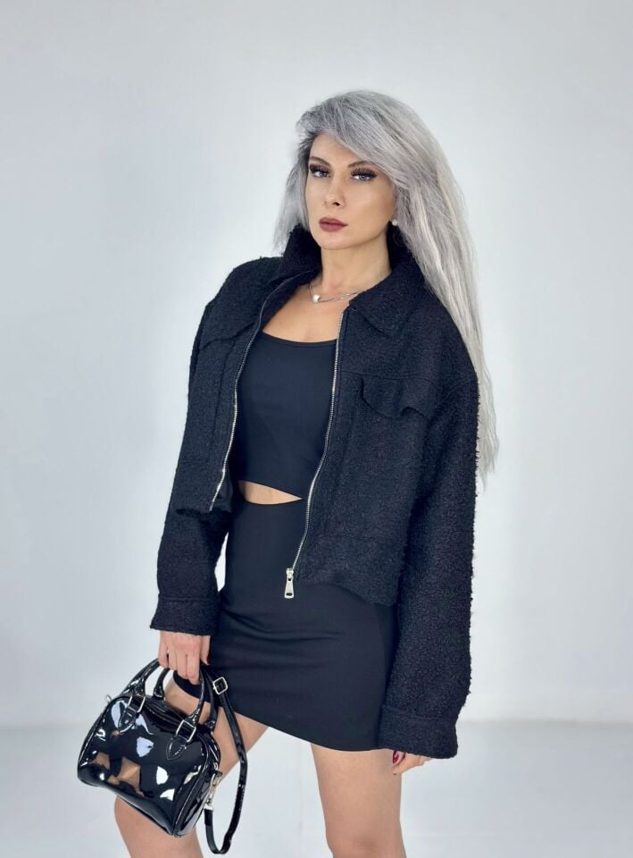 Siyah Teddy Kumaş Kısa Ceket