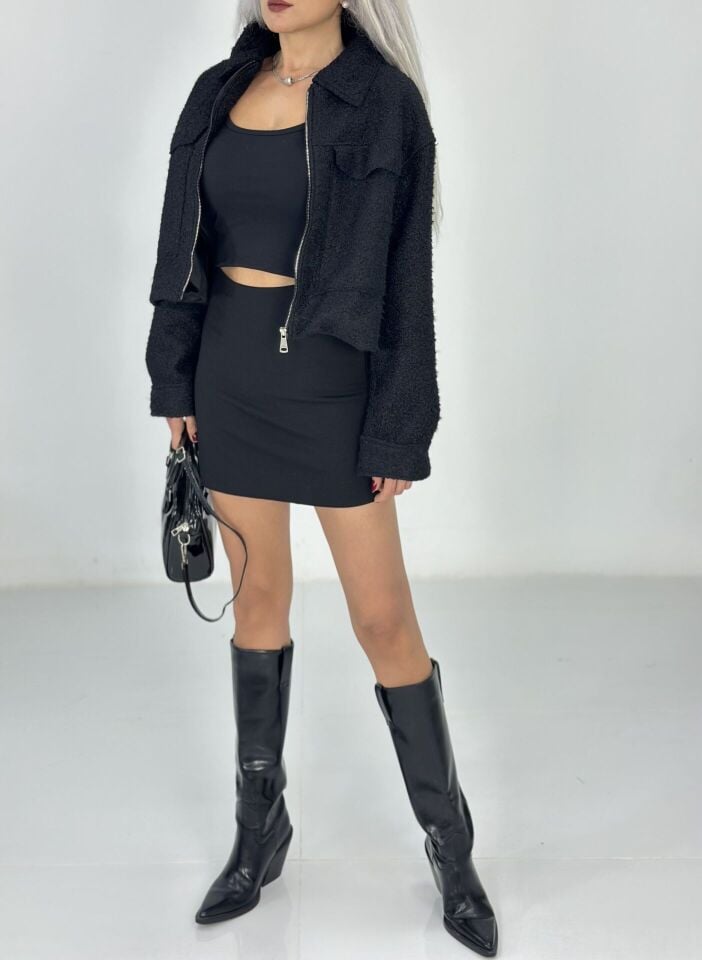 Siyah Teddy Kumaş Kısa Ceket