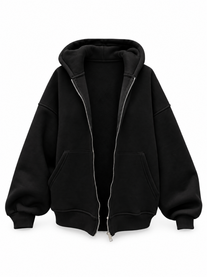 Siyah Fermuarlı Kapüşonlu Sweatshirt