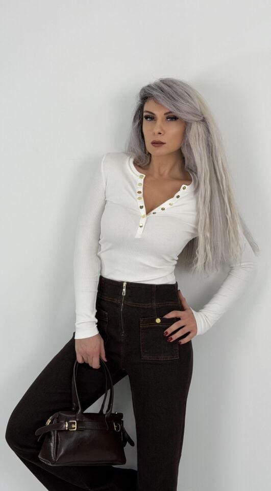 Beyaz Gold Düğmeli Kaş Korse Body