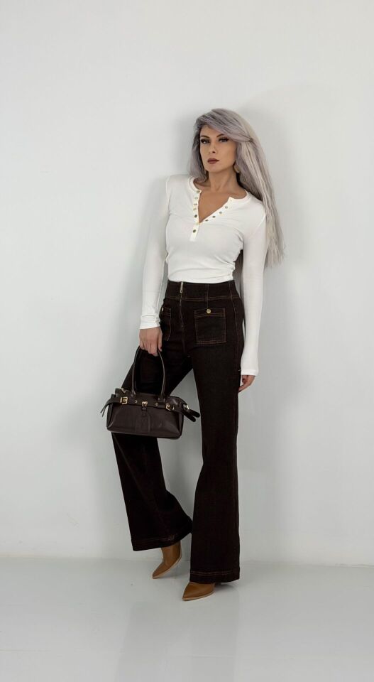 Kahve Gold Detay Likralı Filare Jean