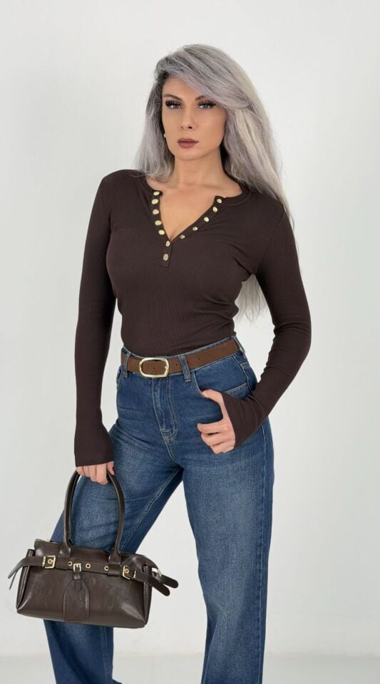 Kahve Gold Düğmeli Kaş Korse Body