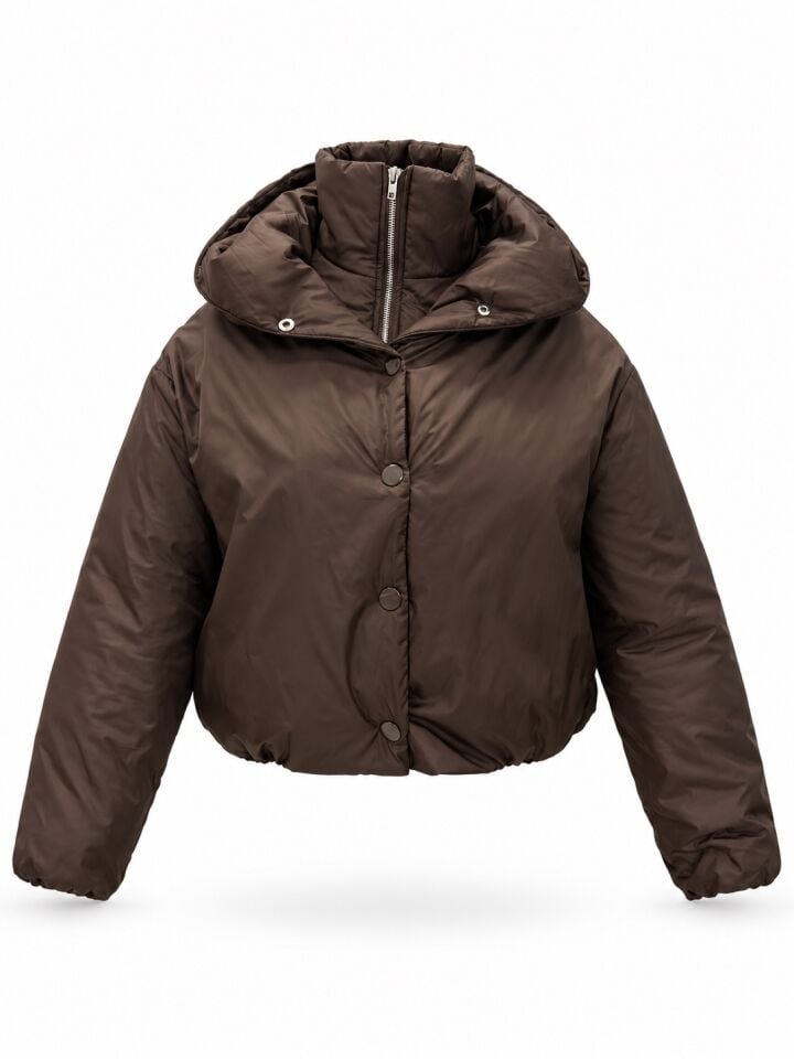 Kahverengi Kapüşonlu Oversize Şişme Mont