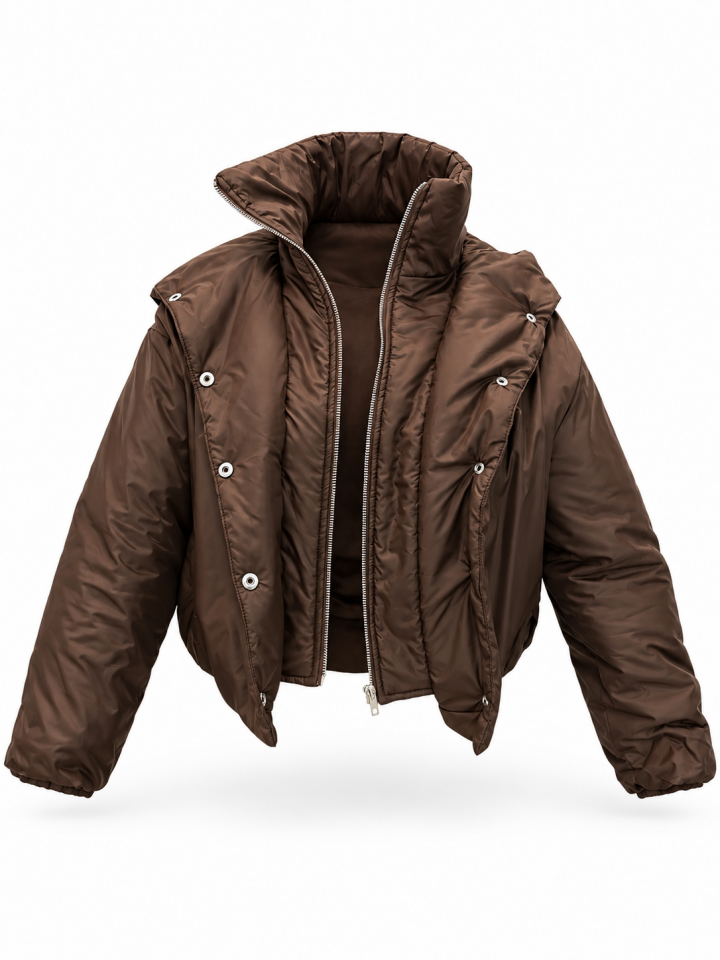 Kahverengi Kapüşonlu Oversize Şişme Mont