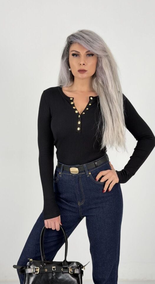 Siyah Gold Düğmeli Kaş Korse Body