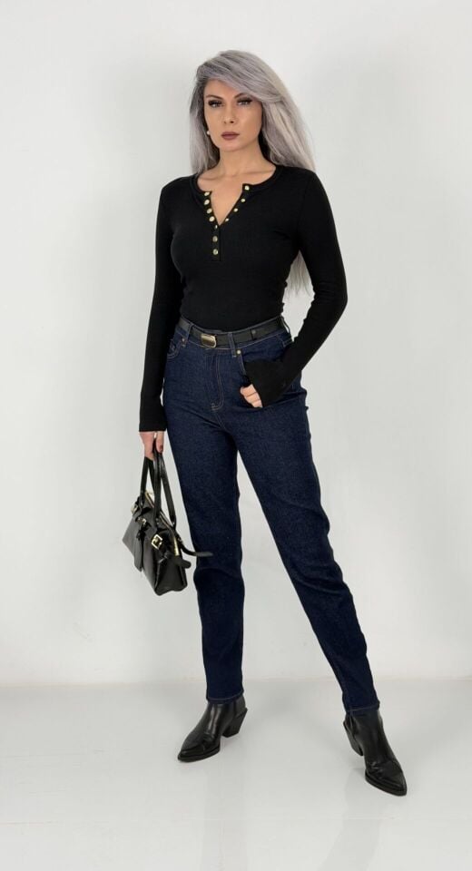 Kemerli Lacivert Mom Fit Jean
