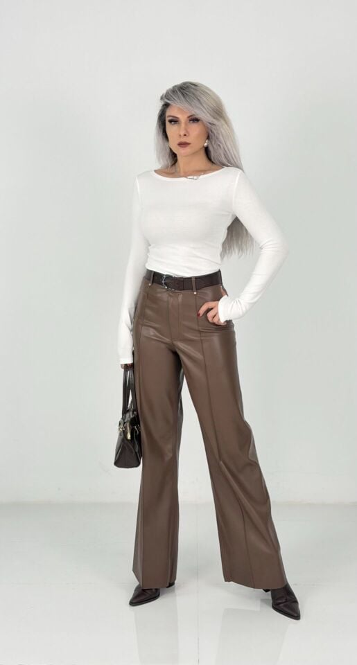 Camel Yüksek Bel Deri Palazzo Pantolon
