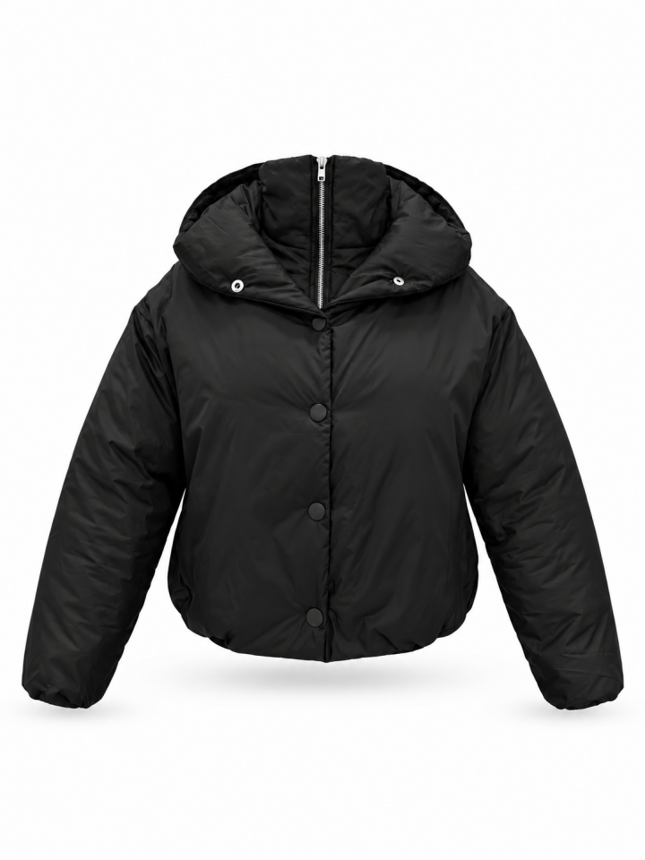 Siyah Kapüşonlu Oversize Şişme Mont