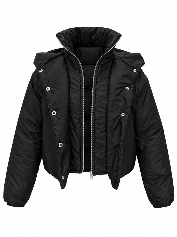 Siyah Kapüşonlu Oversize Şişme Mont