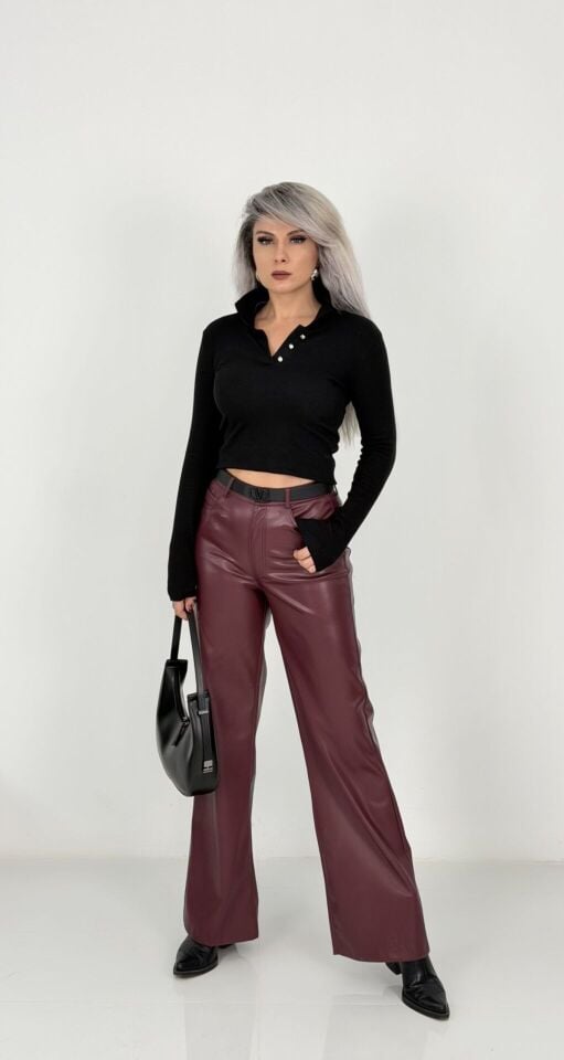 Bordo Yüksek Bel Deri Palazzo Pantolon