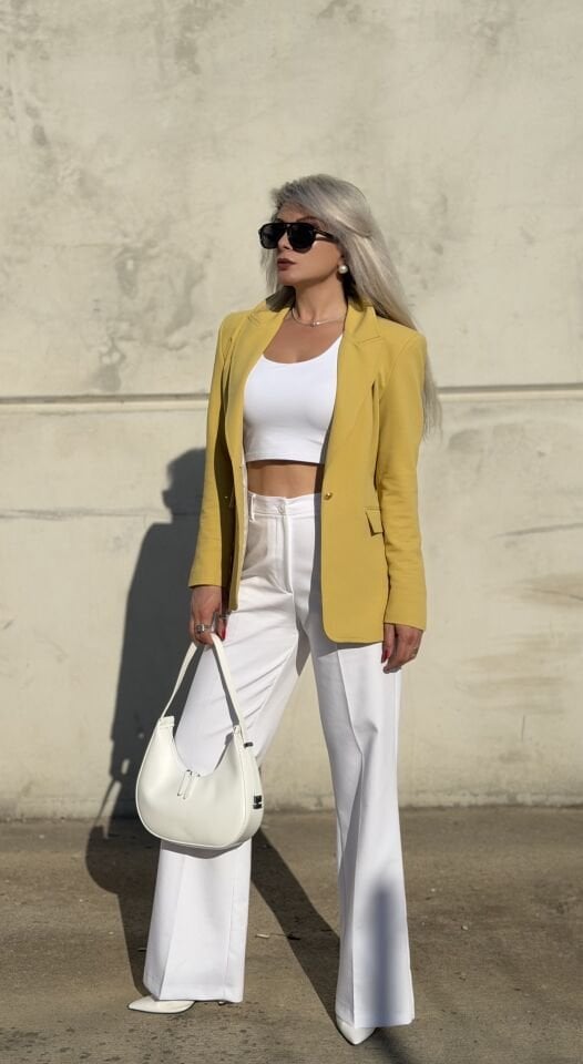 Beyaz Yüksek Bel Yumoş Kaşe Palazzo Pantolon