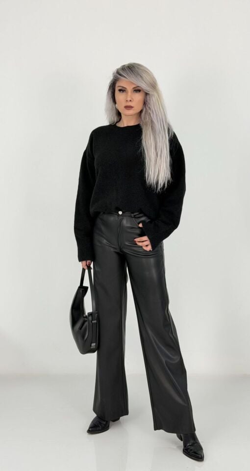 Siyah Yüksek Bel Deri Palazzo Pantolon