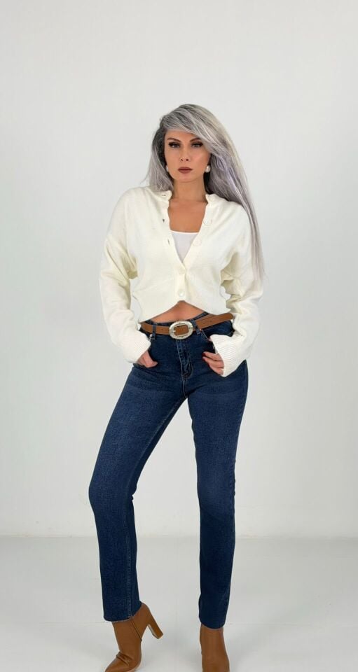 Lacivert Yüksek Bel Likralı Mom Fit Jean